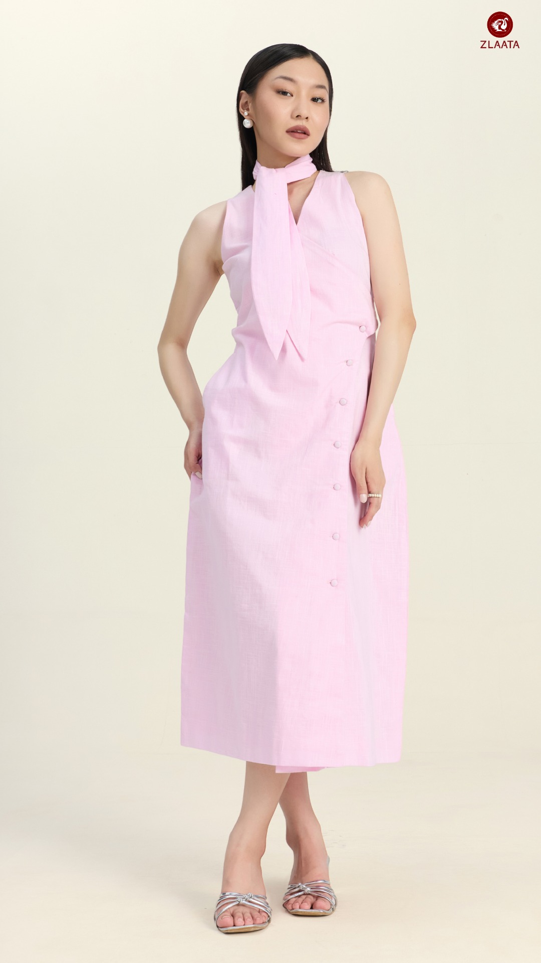 Classic Pink Formal Dress With Scarf Tie is ideal women's summer office wear