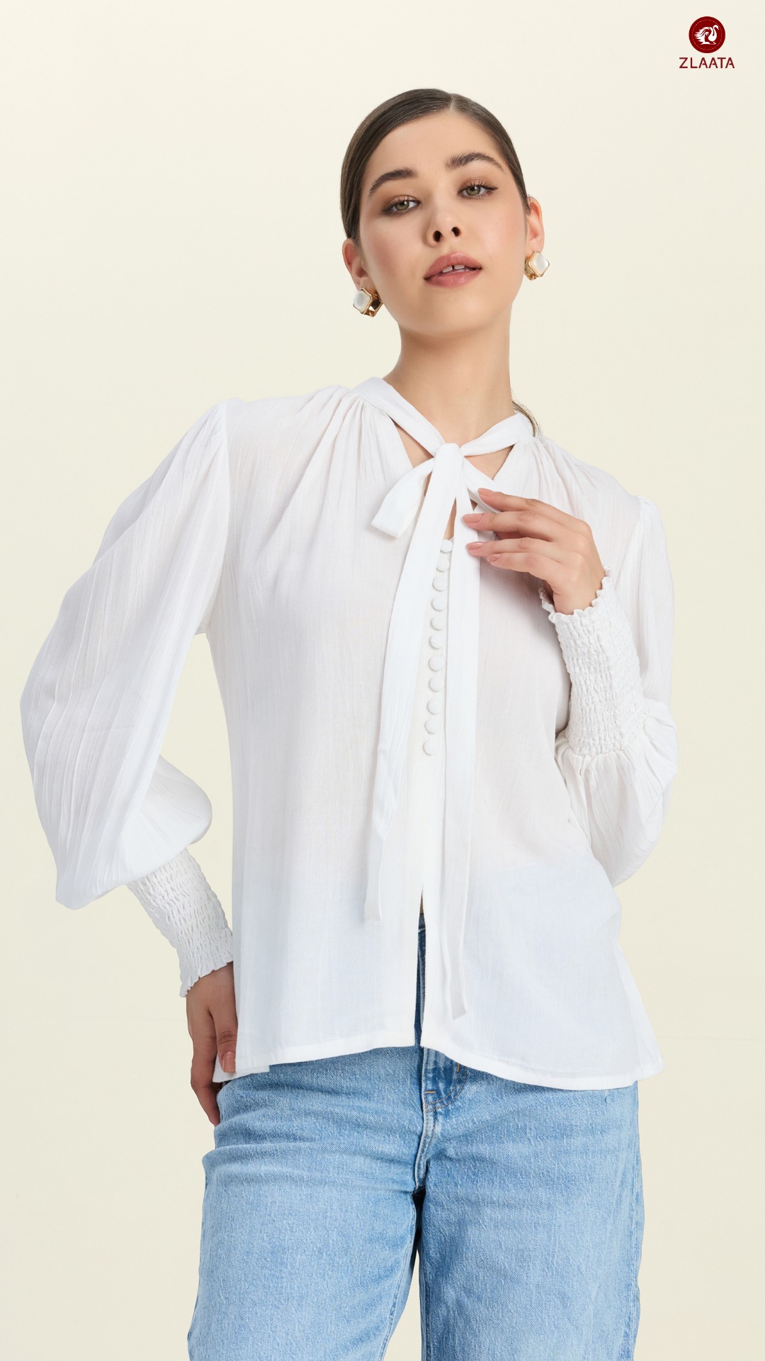 Casual White Full Sleeve Tie Up Top For Women