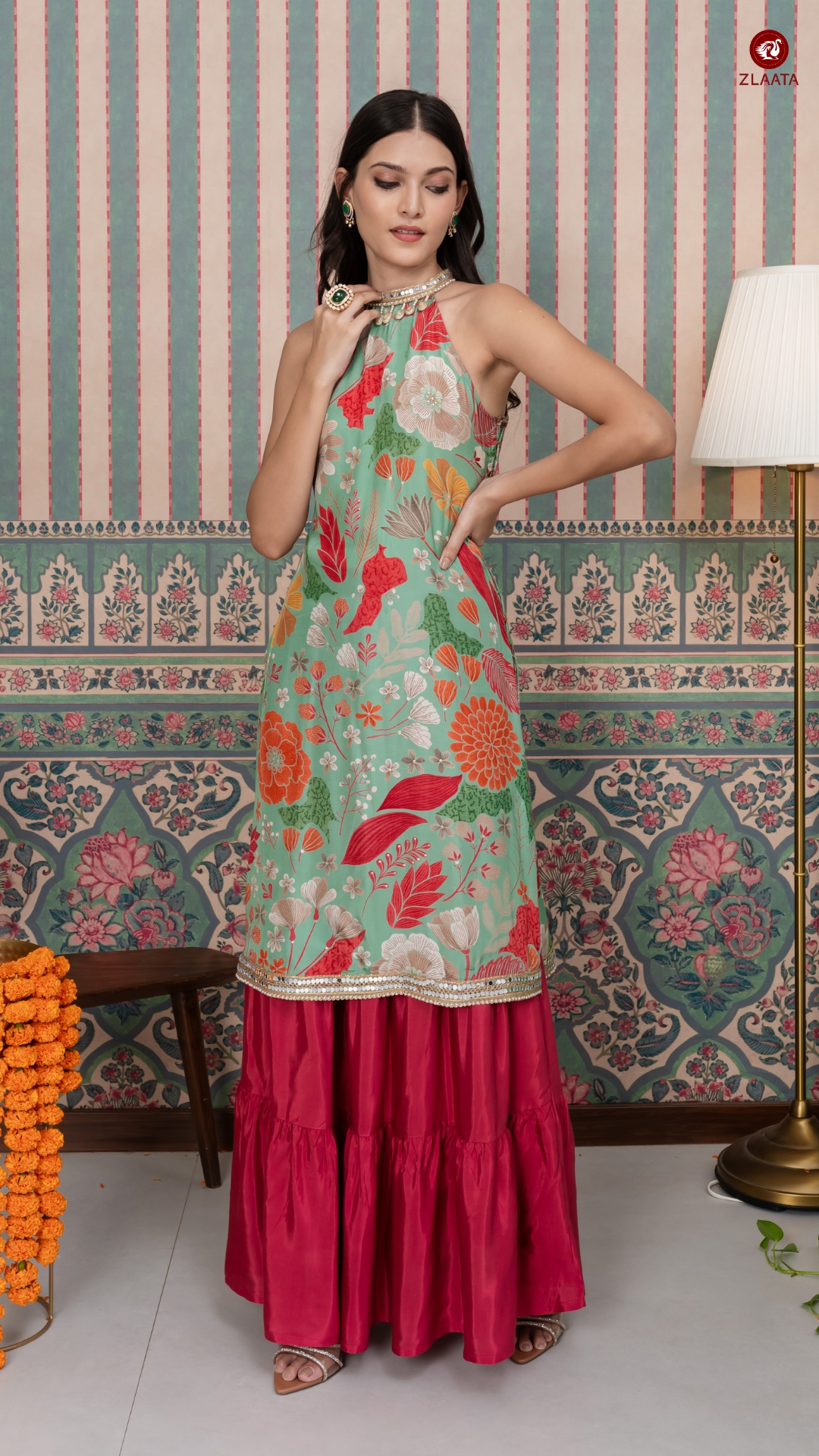 Green floral kurta skirt set