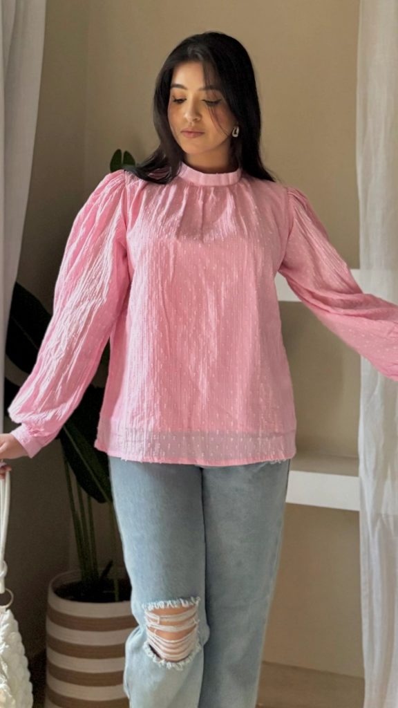 Half up hairstyle with Pink Mandarin Collar Top With Bishop Sleeves