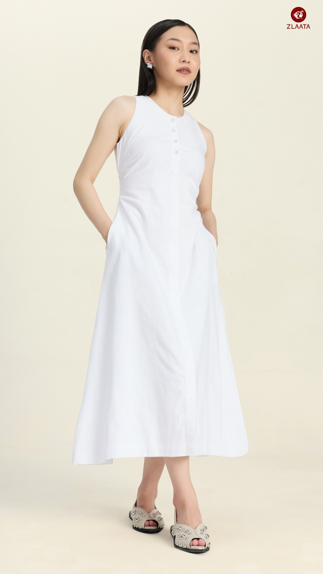 White Round Neck A-line Dress For Women