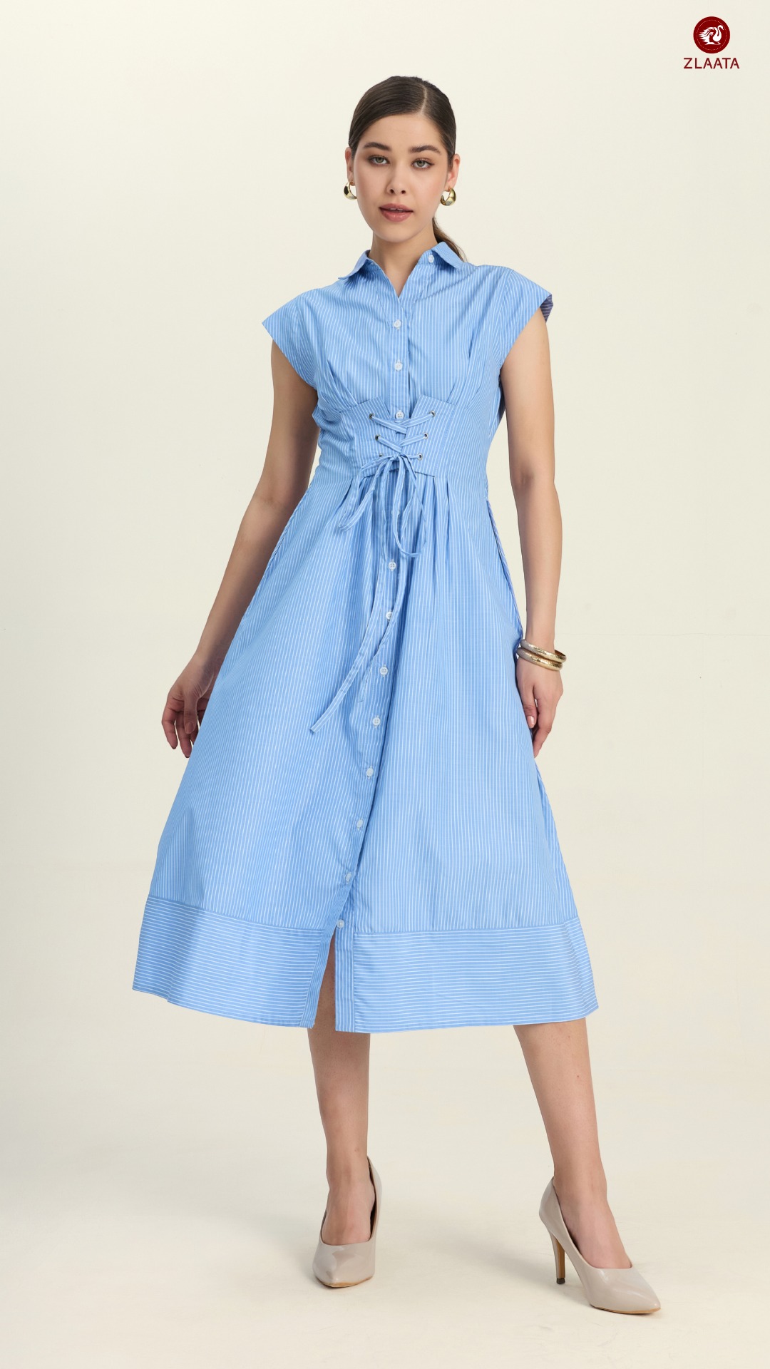 Blue White Stripe Dress with lace up corset waist is a perfect women's summer office wear