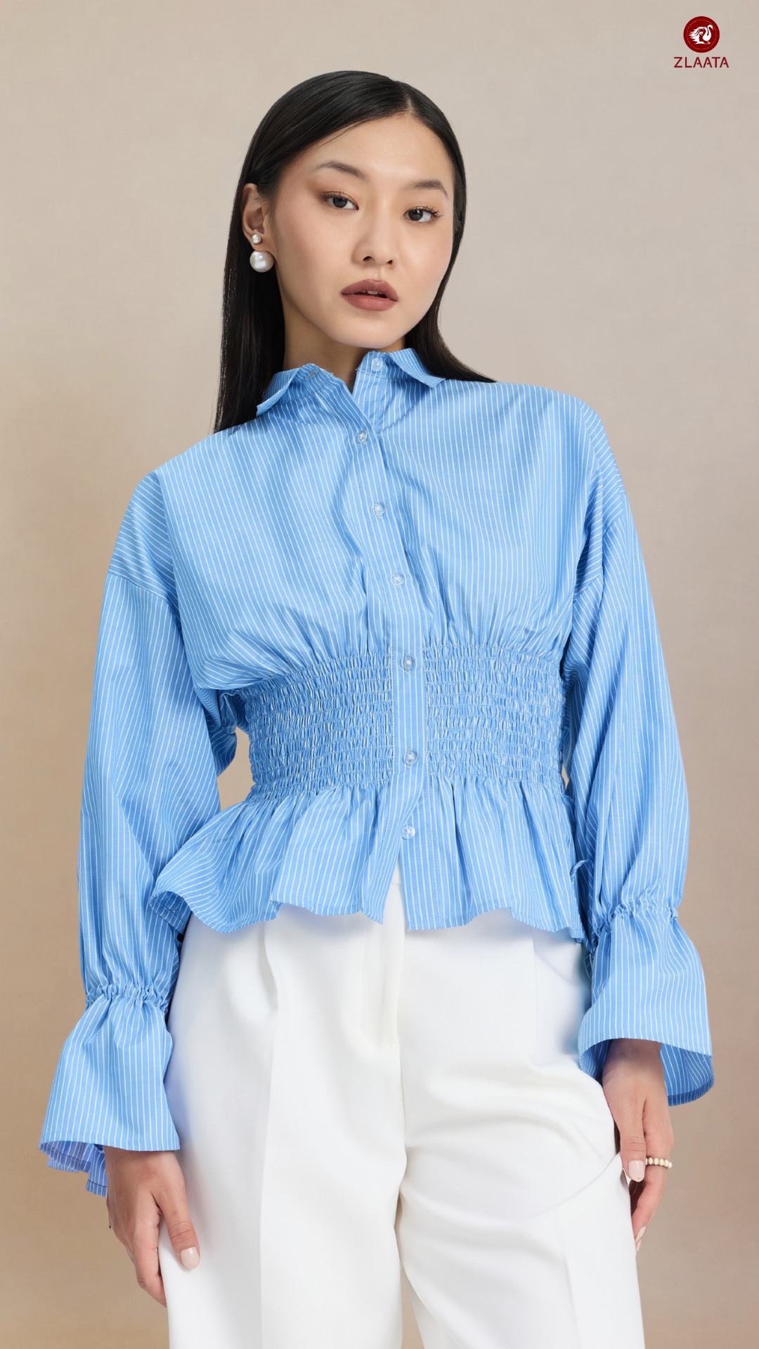 Blue smocked waist Types of Shirts For Women