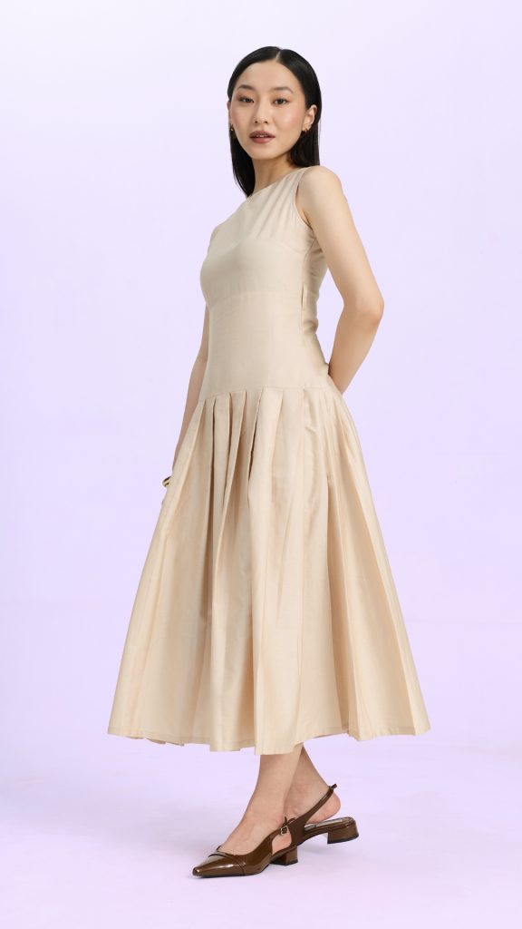 Beige low-waist fit-and-flare dress for an inverted triangle body shape