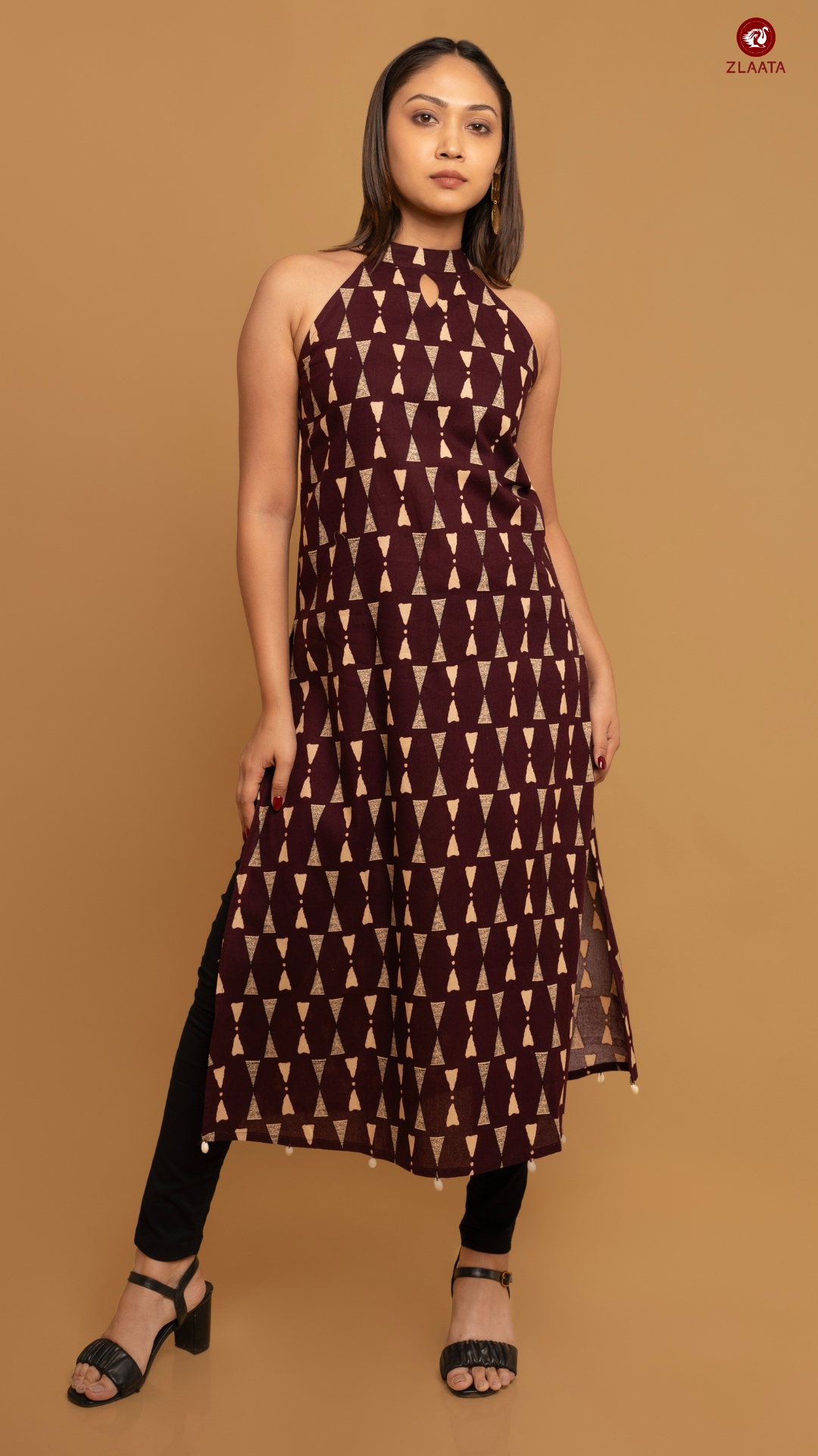Maroon halter neck kurta with palazzo pants