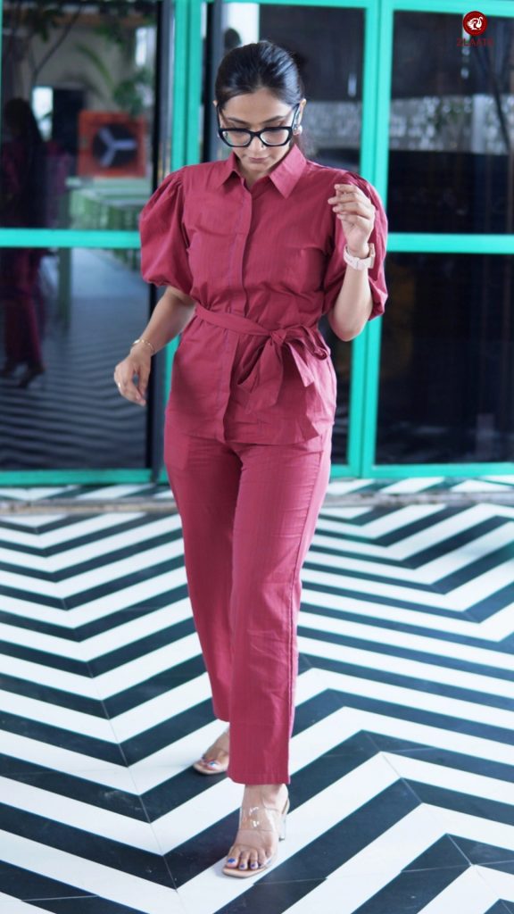 Pink Striped top with detachable belt co-ord set for pear-shaped body