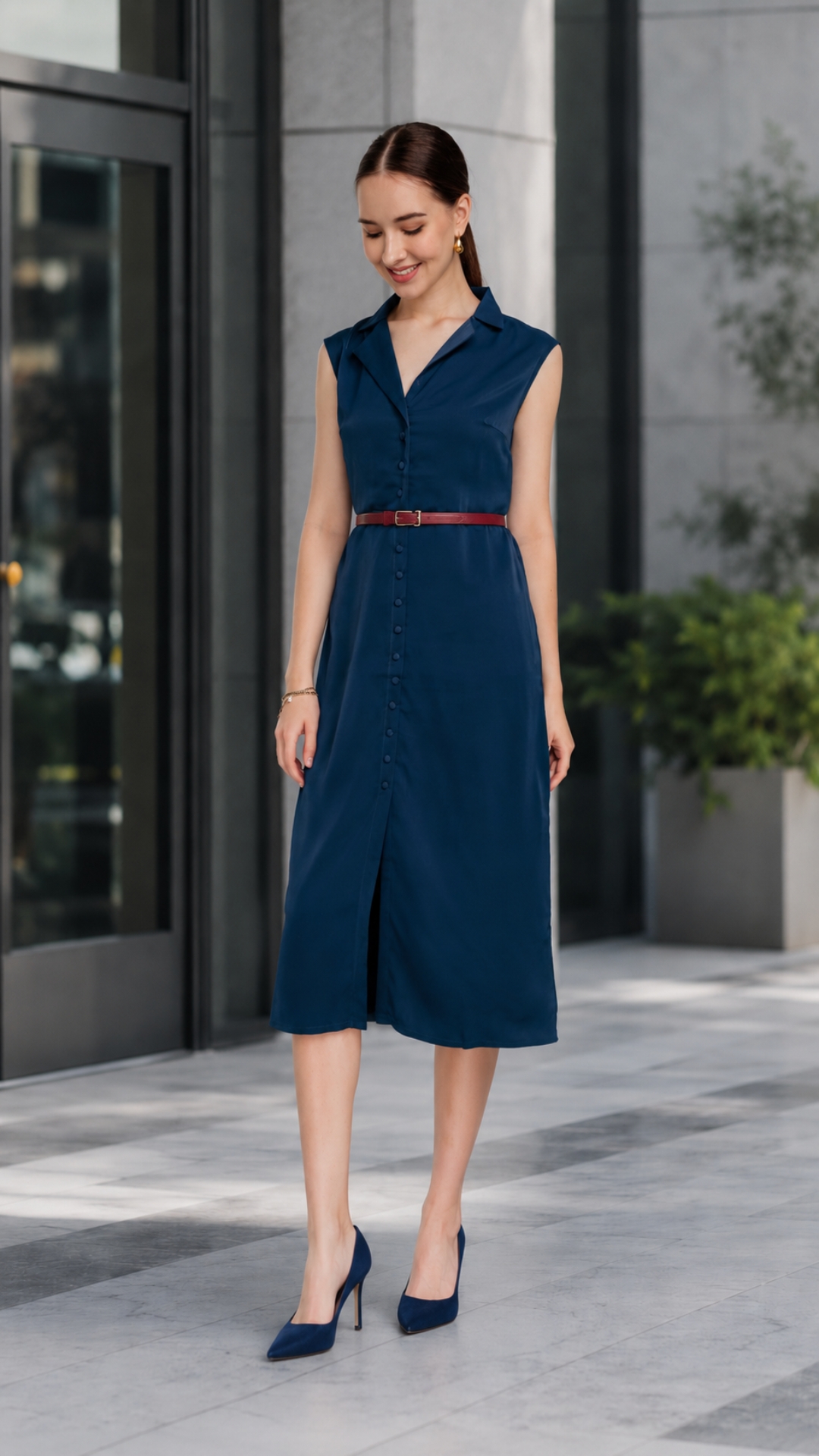 Blue cap sleeve shirt dress with waist belt