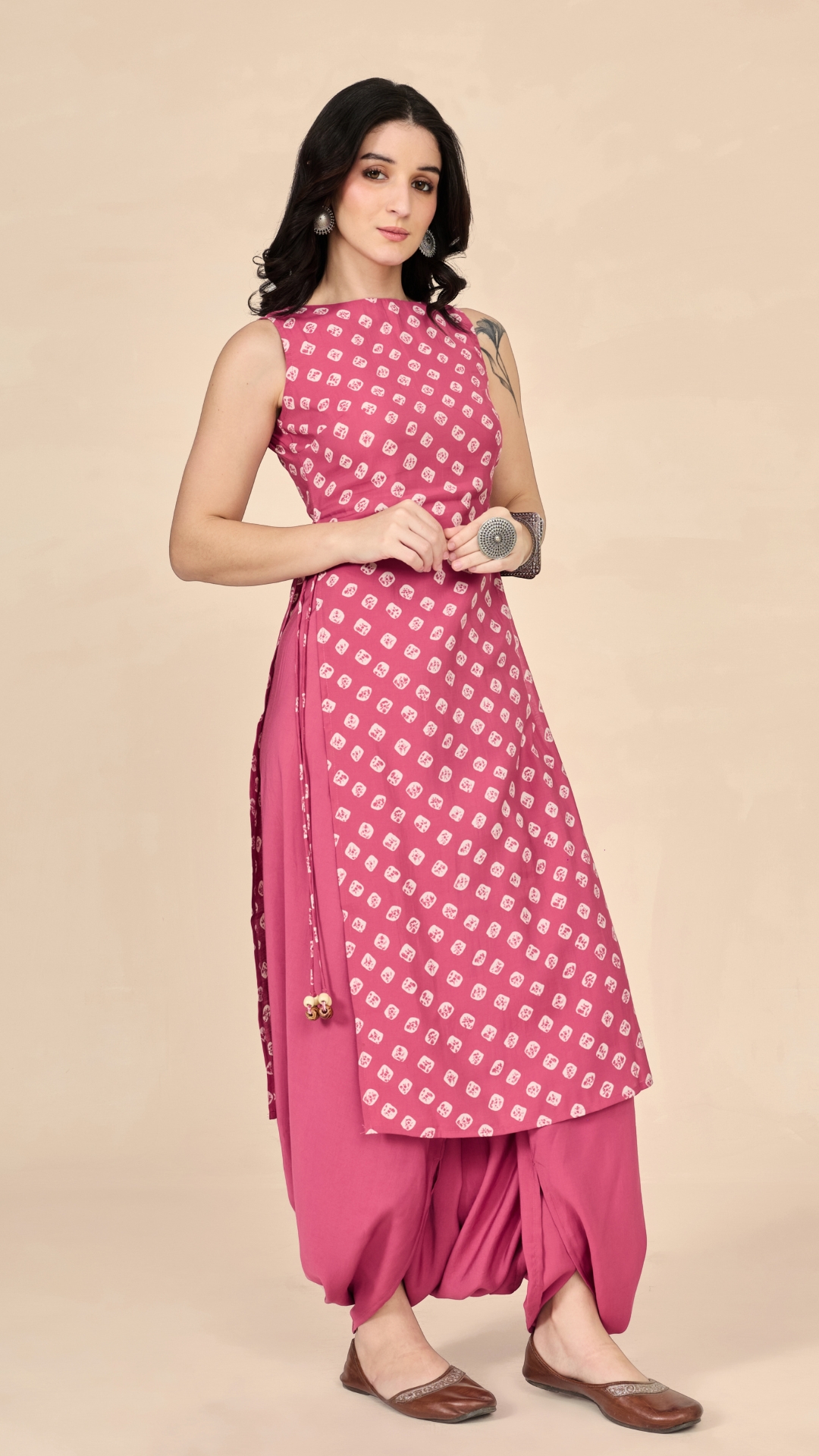 Pink bandhani-printed trendy dori tie up kurta designs
