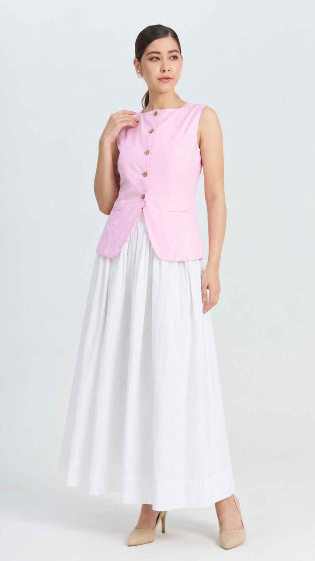 Pink formal waistcoat with white skirt styling