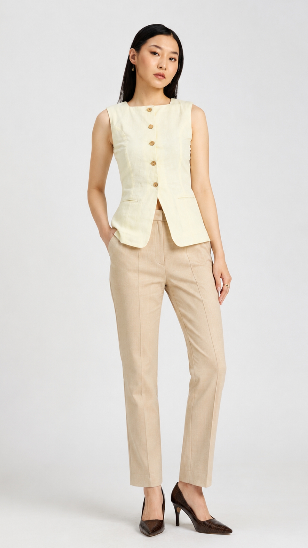 yellow formal waistcoat with beige pants