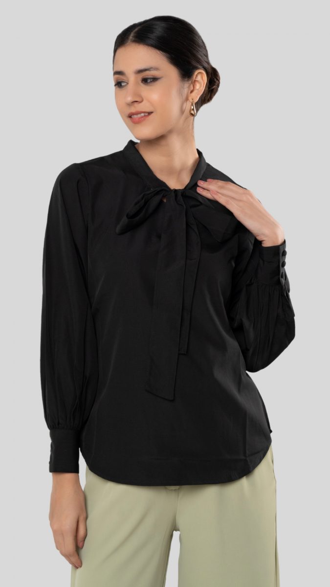 Black Full Sleeve Pussy Bow Top