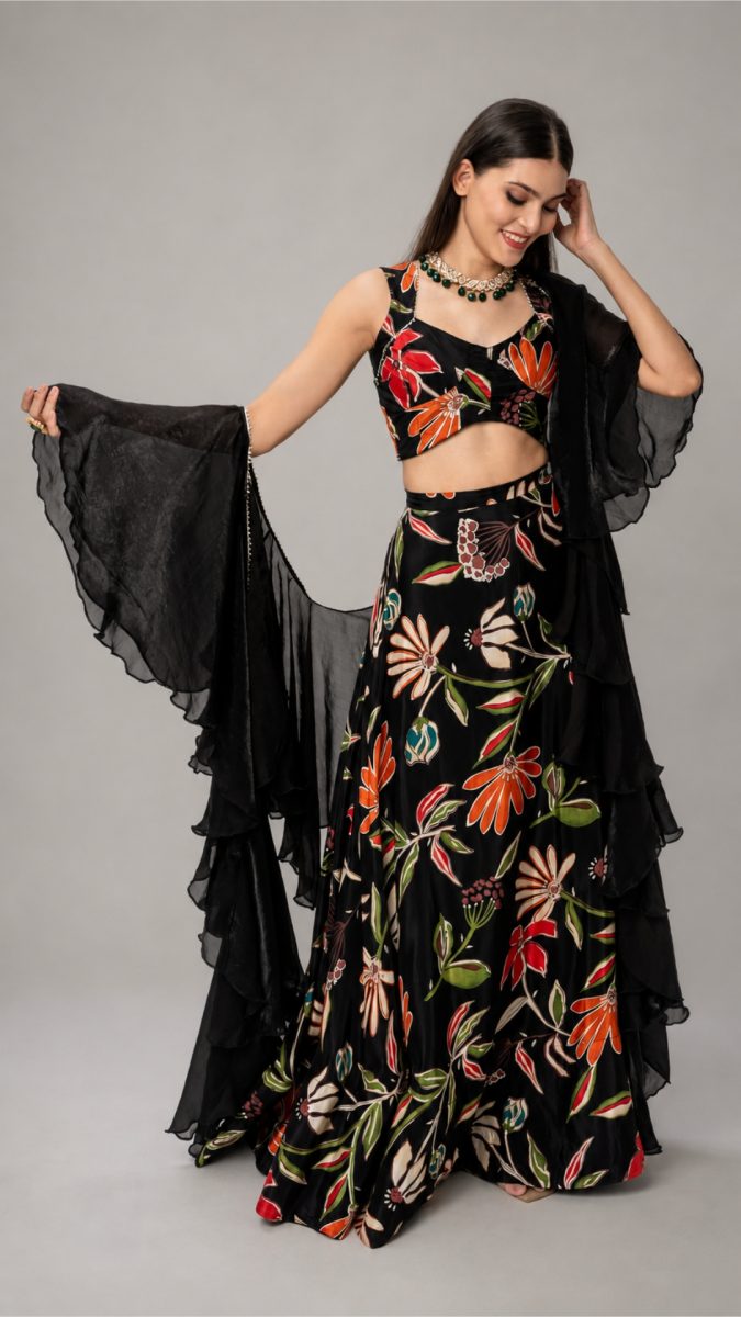 Black floral print lehenga with dupatta set