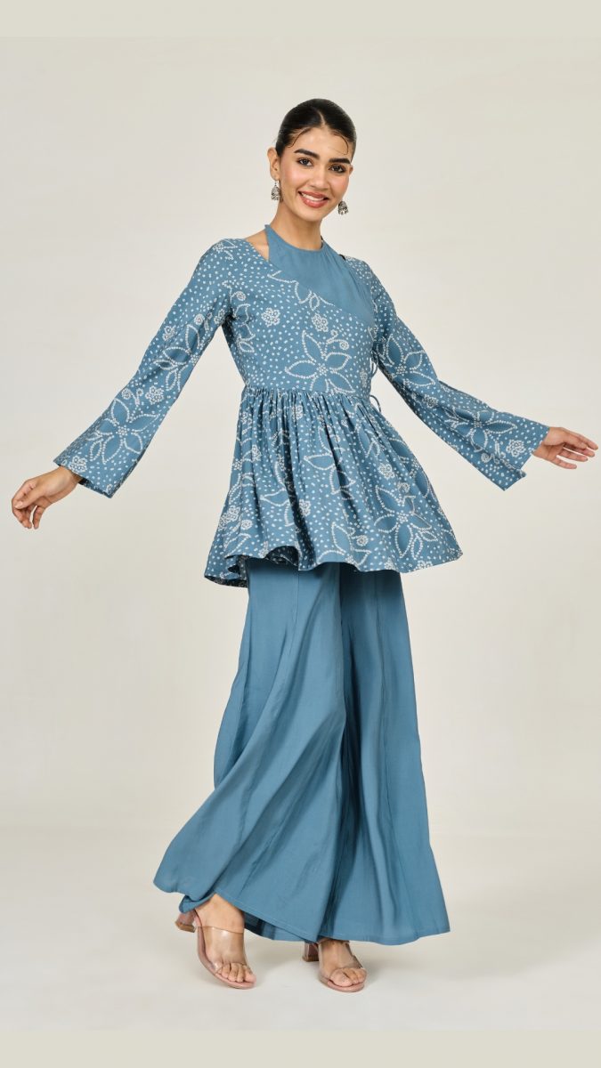 Blue Bandhani Printed Angrakha Top ethnic co-ord set