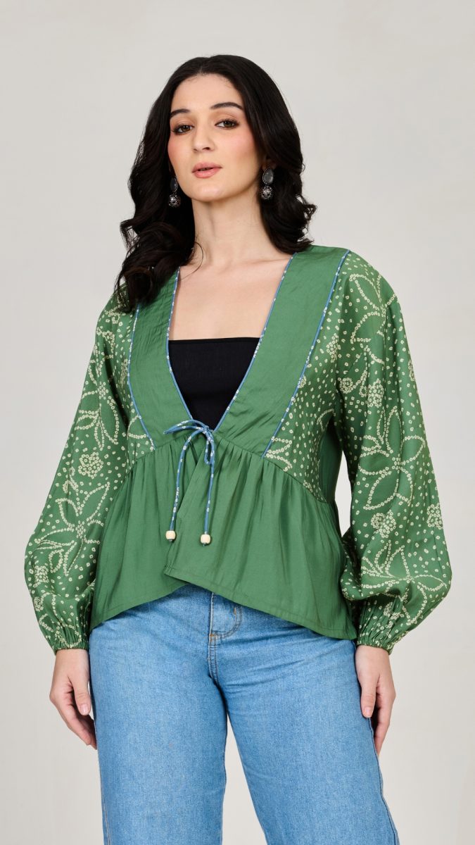 Green Printed Peplum Shrug for Independence Day outfit