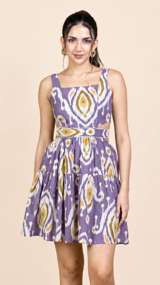 Purple Ikat Cotton Waist-Cut Mini Dress