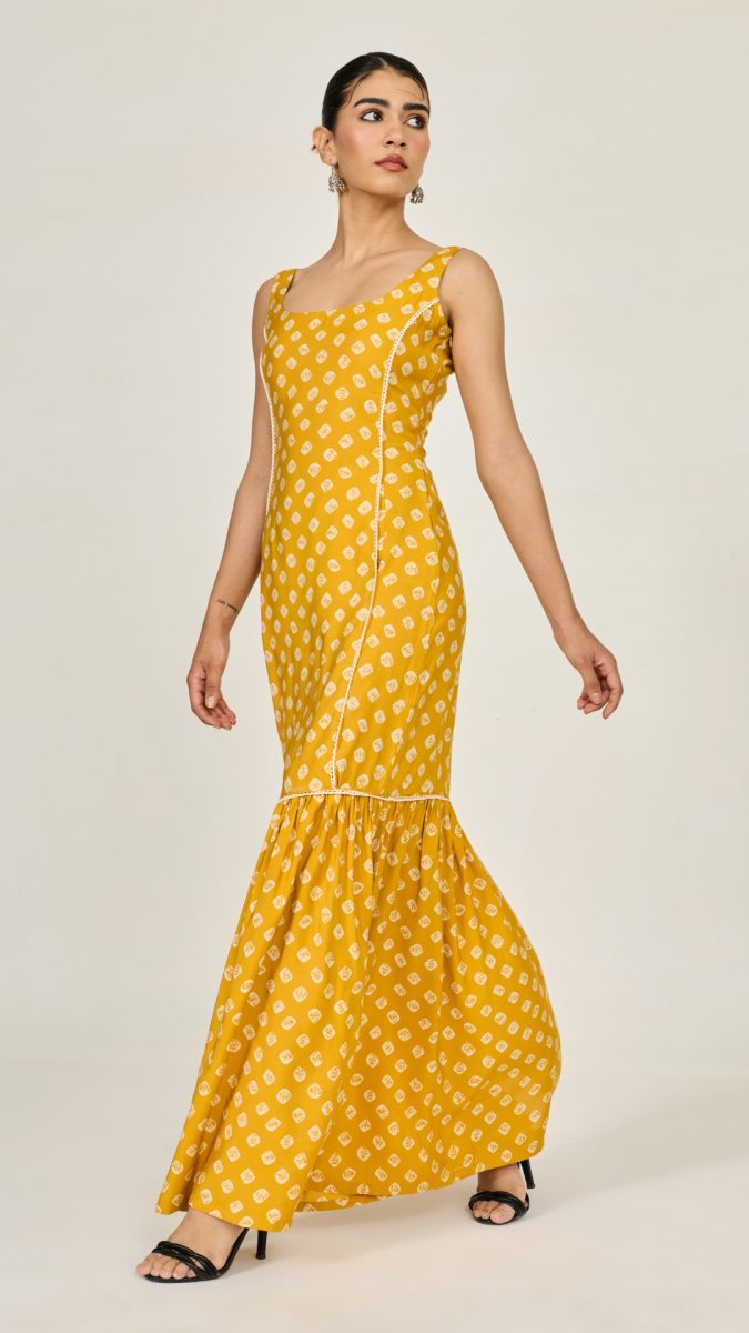 Yellow Bandhani Printed Mermaid Dress perfect gifts for raksha bandhan