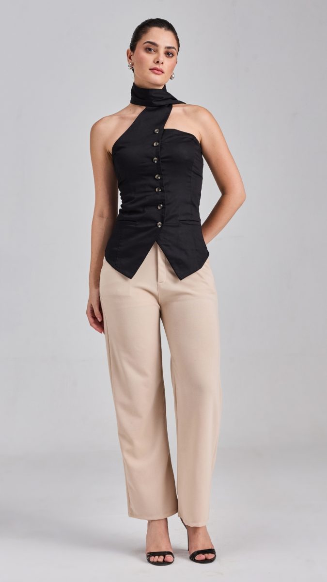 Black Scarf Halter Neck Top for office party outfit ideas