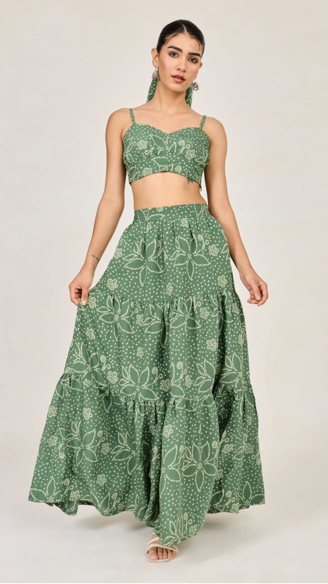 Green Bandhani Printed Skirt Co-ord Set