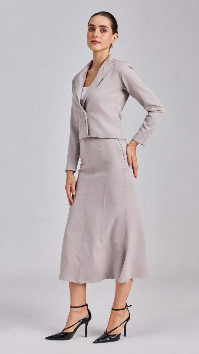 Light Grey Cropped Blazer Co-Ord Skirt Set must have in women's capsule wardrobe
