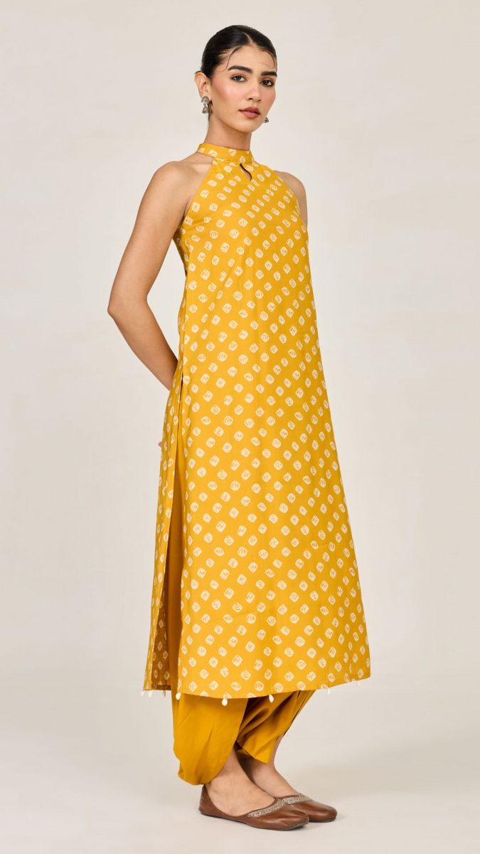 Yellow A-line Kurta with Bandhani Dress Pattern