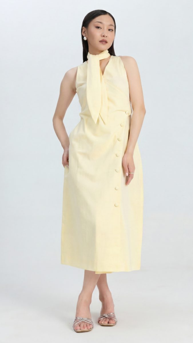 Yellow Straight Fit Formal Dress With Scarf Tie