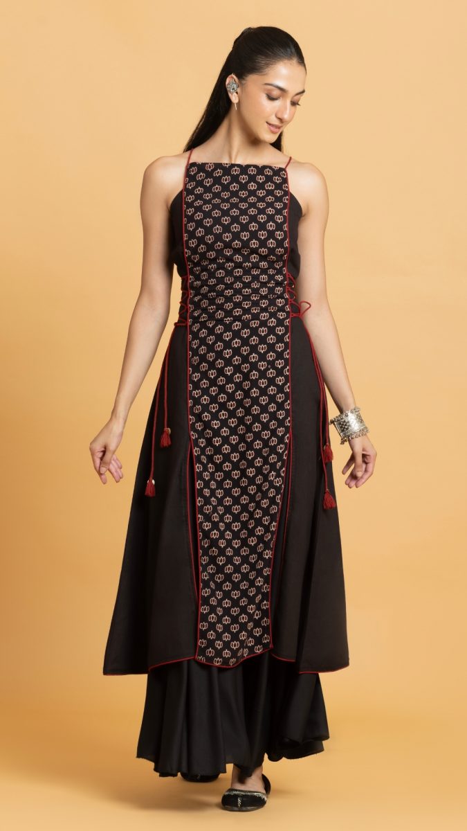 Black printed with solid side panel latest kurta designs