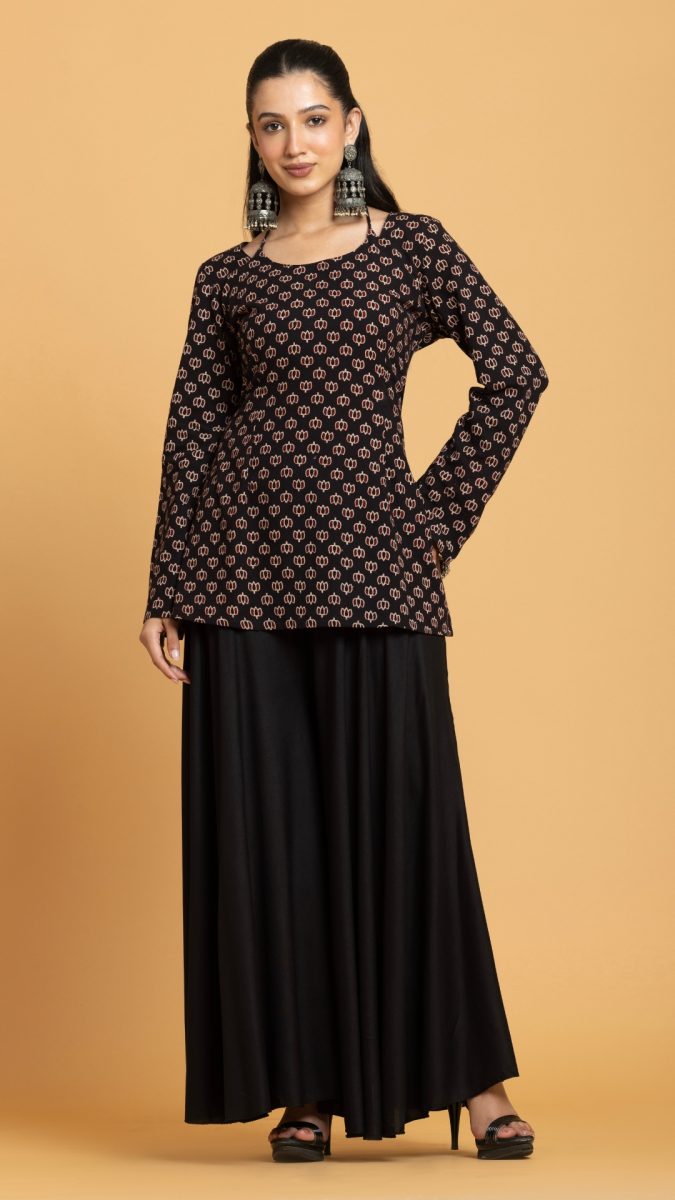 Black printed halter tie up short kurti