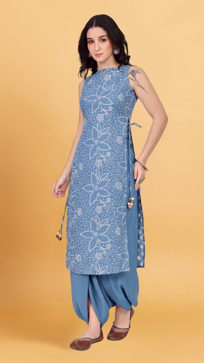 Blue bandhani printed side tie up kurta