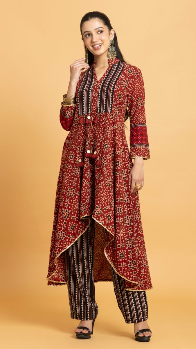 Multicolor Ajrakh Printed High Low Kurta Set 